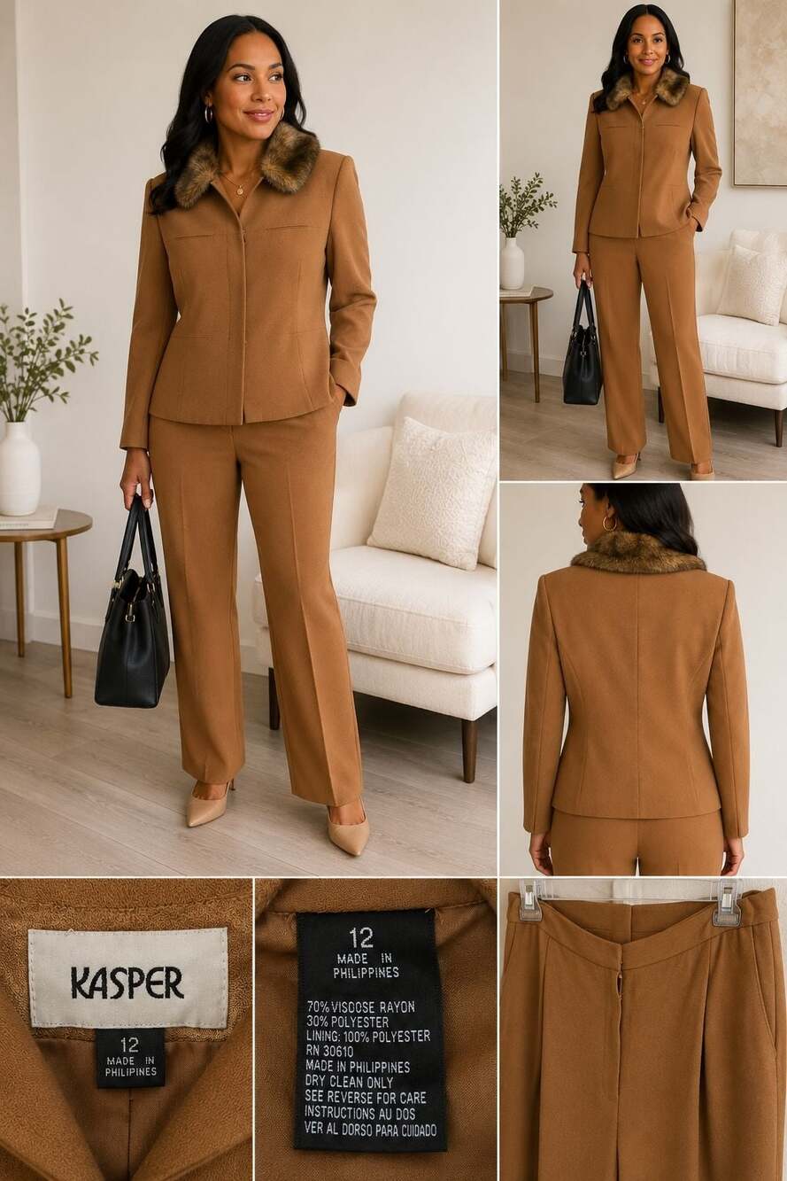 Kasper 2 Pc Pant Suit Women Size 12 Camel Brown Faux Fur Collar Career Pants Set